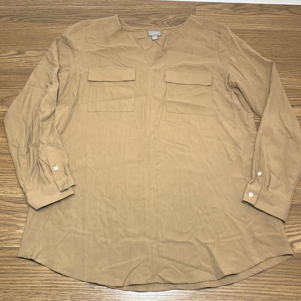 J Jill Silk V Neck Womens Small Brown Long Sleeve Blouse Top Lightweight Pockets